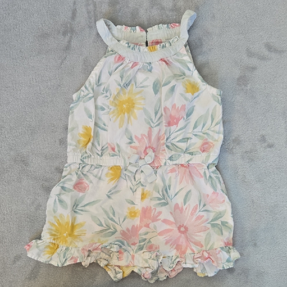 Savannah Pink and Yellow Floral Romper with Ruffled Trim